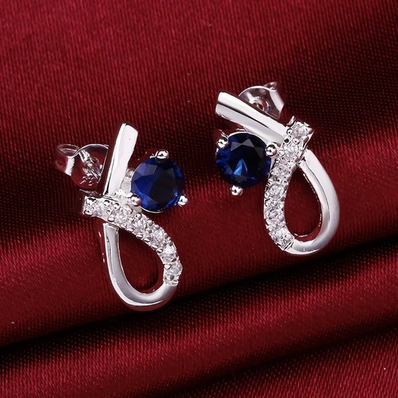Small & Cute Sapphire and Loop Stud Earrings, 925 Sterling Silver - Picture 5 of 6